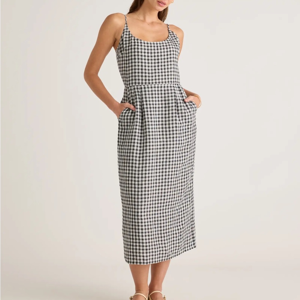 Quince Women's 100% European Linen Scoop Neck Midi Dress Khaki Gingham Black S